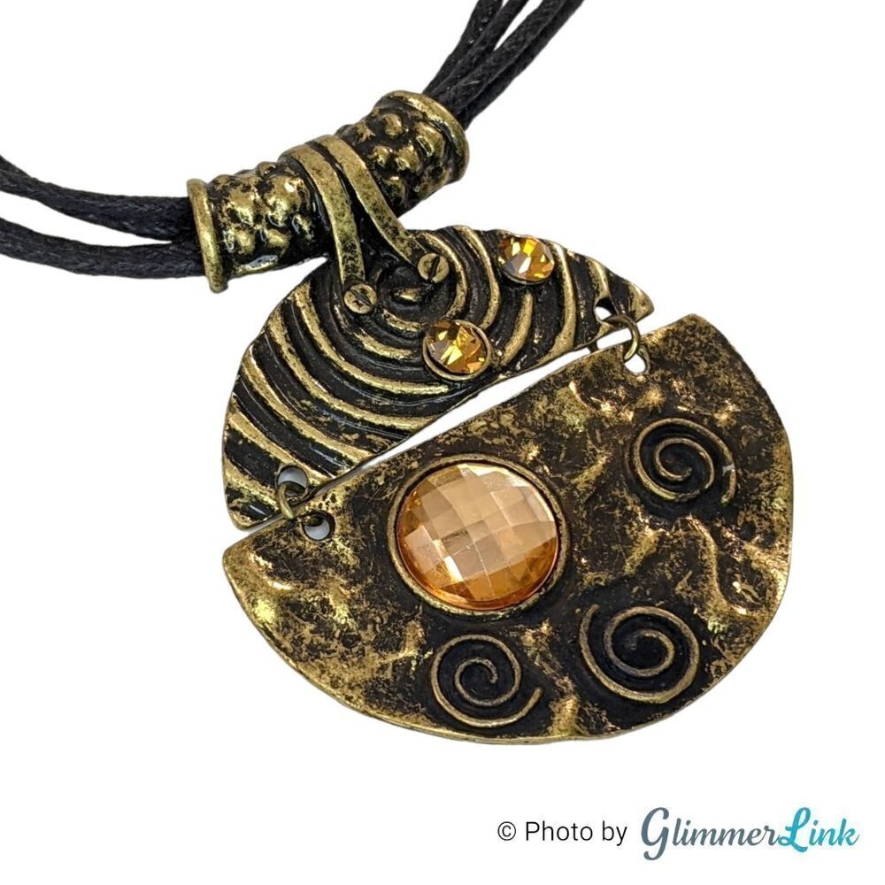 Bohemian Multi Strand Bronze Tone Hammered Geometric Pendant Necklace